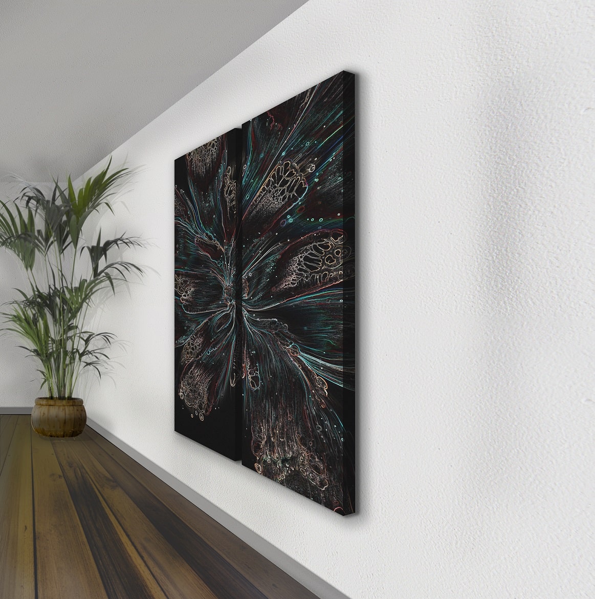 Strak interieur met modern akoestisch tweeluik kunst
