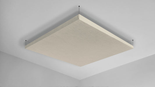 Beige linnen akoestisch plafondpaneel met zwart ophangsysteem 