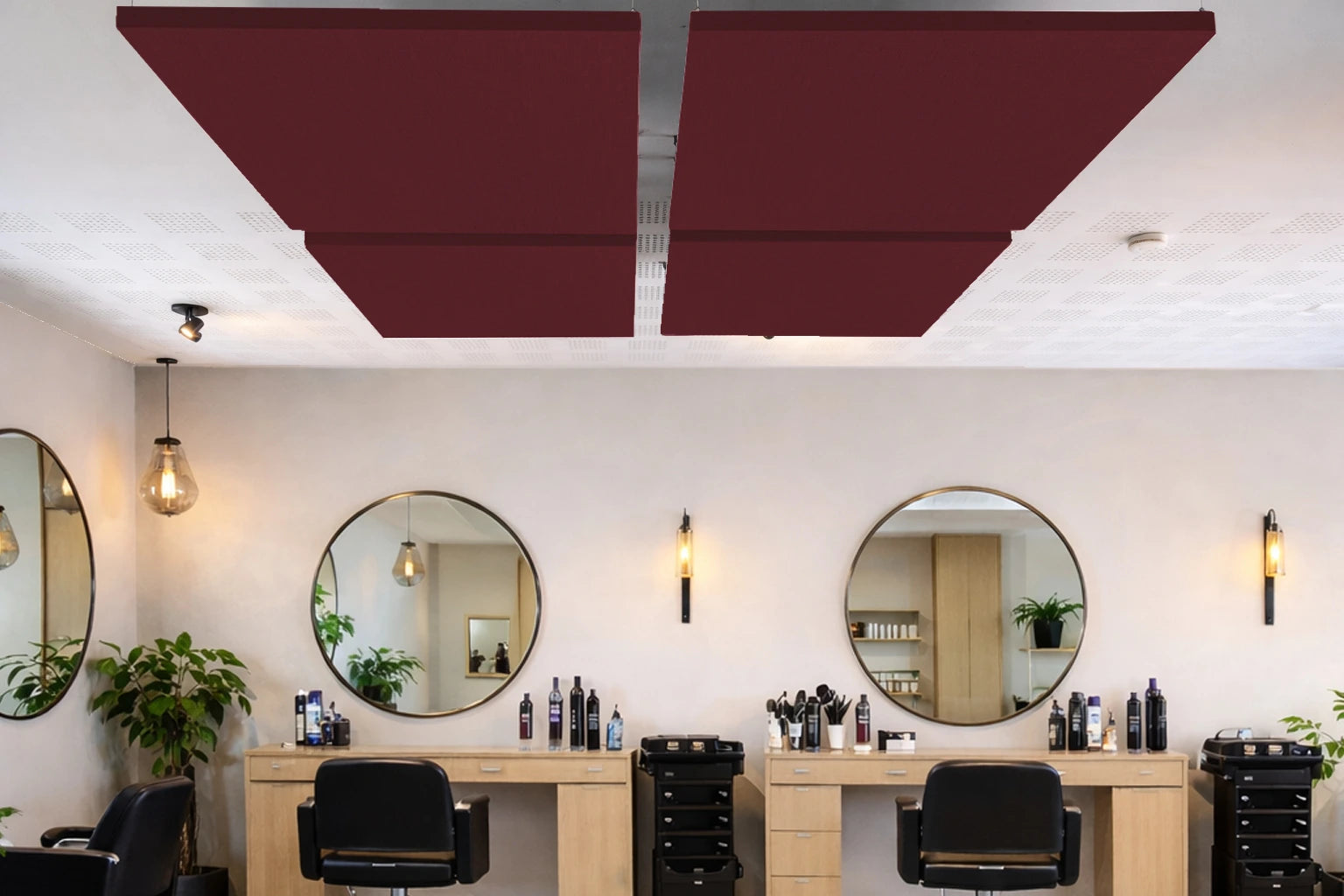Bordeaux linnen akoestisch plafondpaneel in kapsalon