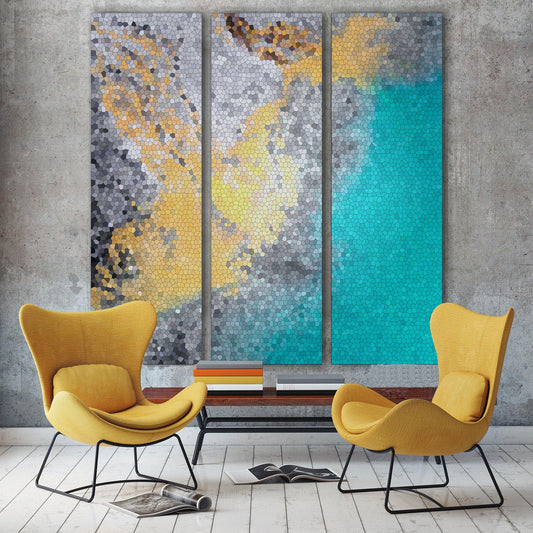 Zithoek met abstract design akoestisch drieluik