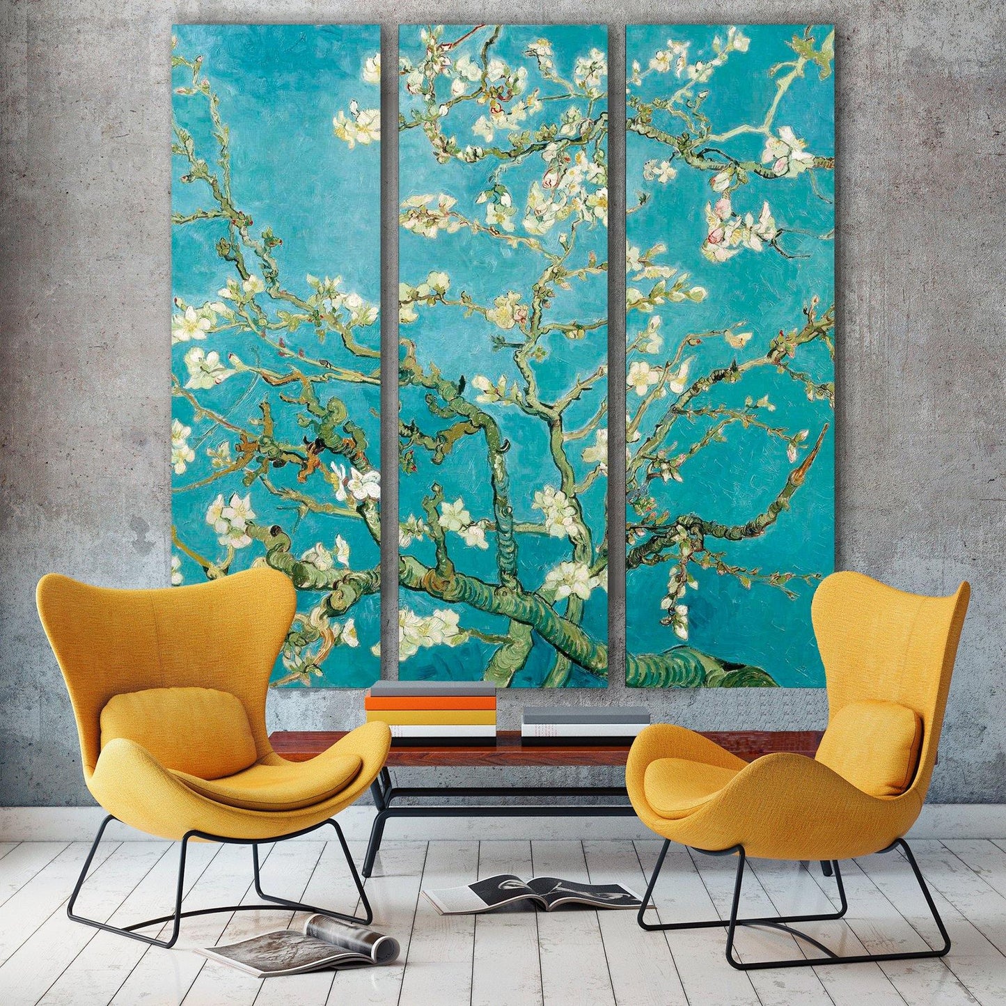 Interieur met akoestisch drieluik Amandelbloesem van Gogh